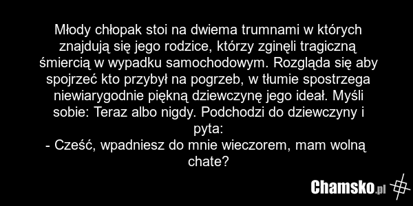 Młody chłopak stoi na dwiema trumnami w których znajdują się jego rodzice, którzy zginęli tragiczną śmiercią w wypadku samochodowym. Rozgląda się aby spojrzeć kto przybył na pogrzeb, w tłumie spostrzega niewiarygodnie piękną dziewczynę jego ideał. Myśli sobie: Teraz albo nigdy. Podchodzi do dziewcz…