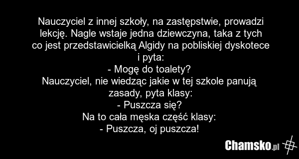 Nauczyciel z innej szkoły, na zastępstwie, prowadzi lekcję. Nagle wstaje jedna dziewczyna, taka z tych co jest przedstawicielką Algidy na pobliskiej dyskotece i pyta: - Mogę do toalety? Nauczyciel, nie wiedząc jakie w tej szkole panują zasady, pyta klasy: - Puszcza się? Na to cała męska część klasy…