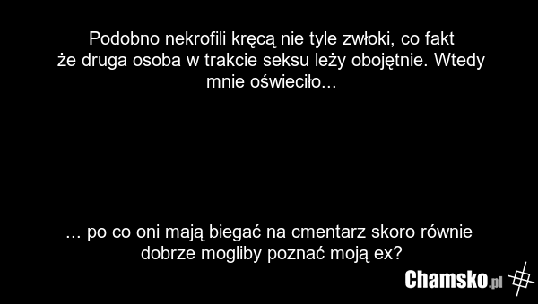 Podobno nekrofili kręcą nie tyle zwłoki, co fakt że druga osoba w trakcie seksu leży obojętnie. Wtedy mnie oświeciło... ... po co oni mają biegać na cmentarz skoro równie dobrze mogliby poznać moją ex?