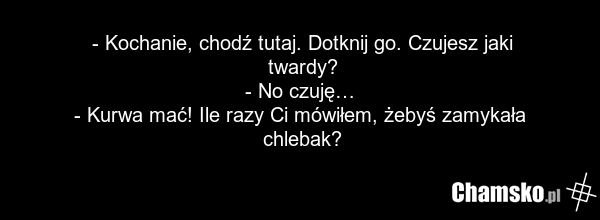 - Kochanie, chodź tutaj. Dotknij go. Czujesz jaki twardy? - No czuję… - Kurwa mać! Ile razy Ci mówiłem, żebyś zamykała chlebak?