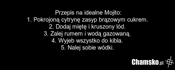 Przepis na idealne Mojito: 1. Pokrojoną cytrynę zasyp brązowym cukrem. 2. Dodaj miętę i kruszony lód. 3. Zalej rumem i wodą gazowaną. 4. Wyjeb wszystko do kibla. 5. Nalej sobie wódki.