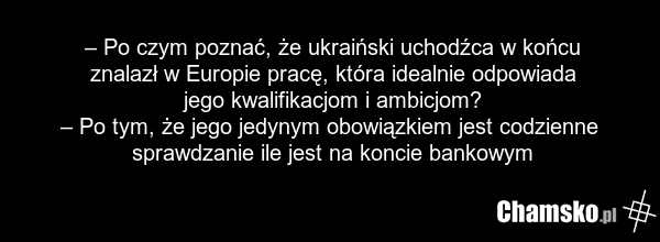 – Po czym poznać, że ukraiński uchodźca w końcu znalazł w Europie pracę, która idealnie odpowiada jego kwalifikacjom i ambicjom? – Po tym, że jego jedynym obowiązkiem jest codzienne sprawdzanie ile jest na koncie bankowym