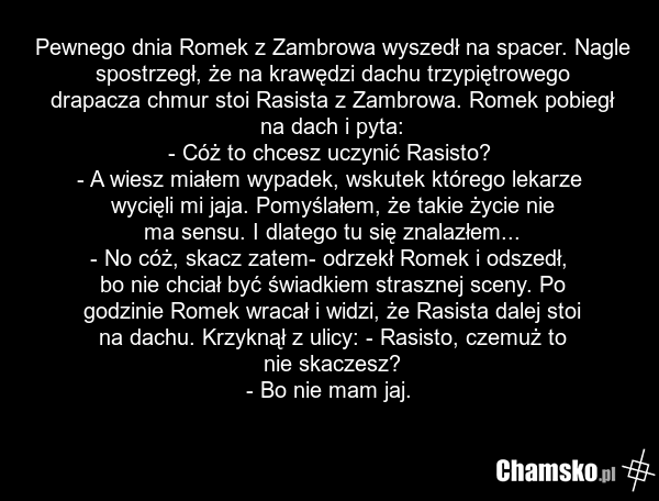 Pewnego dnia Romek z Zambrowa wyszedł na spacer. Nagle spostrzegł, że na krawędzi dachu trzypiętrowego drapacza chmur stoi Rasista z Zambrowa. Romek pobiegł na dach i pyta: - Cóż to chcesz uczynić Rasisto? - A wiesz miałem wypadek, wskutek którego lekarze wycięli mi jaja. Pomyślałem, że takie życie…
