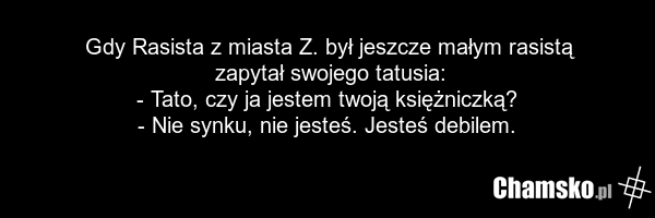 Gdy Rasista z miasta Z. był jeszcze małym rasistą zapytał swojego tatusia: - Tato, czy ja jestem twoją księżniczką? - Nie synku, nie jesteś. Jesteś debilem.