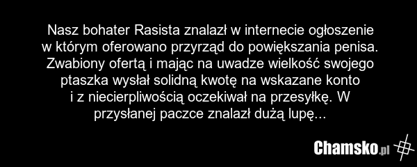 Nasz bohater Rasista znalazł w internecie ogłoszenie w którym oferowano przyrząd do powiększania penisa. Zwabiony ofertą i mając na uwadze wielkość swojego ptaszka wysłał solidną kwotę na wskazane konto i z niecierpliwością oczekiwał na przesyłkę. W przysłanej paczce znalazł dużą lupę...