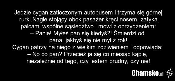 Jedzie cygan zatłoczonym autobusem i trzyma się górnej rurki.Nagle stojący obok pasażer kręci nosem, zatyka palcami wspólne sąsiedztwo i mówi z obrzydzeniem: – Panie! Myłeś pan się kiedyś?! Śmierdzi od pana, jakbyś się nie mył z rok! Cygan patrzy na niego z wielkim zdziwieniem i odpowiada: – No co…