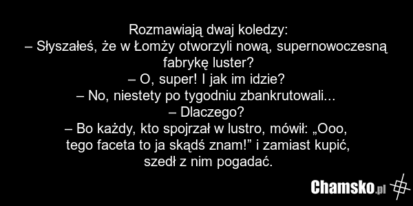 Rozmawiają dwaj koledzy: – Słyszałeś, że w Łomży otworzyli nową, supernowoczesną fabrykę luster? – O, super! I jak im idzie? – No, niestety po tygodniu zbankrutowali... – Dlaczego? – Bo każdy, kto spojrzał w lustro, mówił: „Ooo, tego faceta to ja skądś znam!” i zamiast kupić, szedł z nim pogadać.
