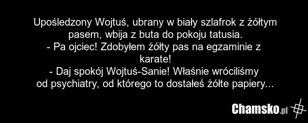 Upośledzony Wojtuś, ubrany w biały szlafrok z żółtym pasem, wbija z buta do pokoju tatusia. - Pa ojciec! Zdobyłem żółty pas na egzaminie z karate! - Daj spokój Wojtuś-Sanie! Właśnie wróciliśmy od psychiatry, od którego to dostałeś żółte papiery...