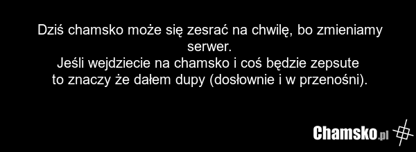 Dziś chamsko może się zesrać na chwilę, bo zmieniamy serwer. Jeśli wejdziecie na chamsko i coś będzie zepsute to znaczy że dałem dupy (dosłownie i w przenośni).