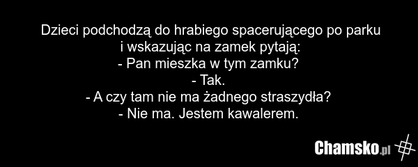 Dzieci podchodzą do hrabiego spacerującego po parku i wskazując na zamek pytają: - Pan mieszka w tym zamku? - Tak. - A czy tam nie ma żadnego straszydła? - Nie ma. Jestem kawalerem.