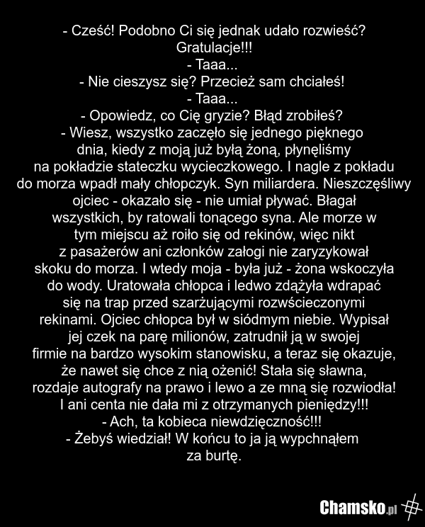 - Cześć! Podobno Ci się jednak udało rozwieść? Gratulacje!!! - Taaa... - Nie cieszysz się? Przecież sam chciałeś! - Taaa... - Opowiedz, co Cię gryzie? Błąd zrobiłeś? - Wiesz, wszystko zaczęło się jednego pięknego dnia, kiedy z moją już byłą żoną, płynęliśmy na pokładzie stateczku wycieczkowego. I n…