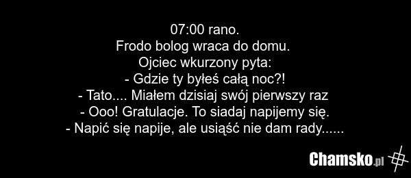 07:00 rano. Frodo bolog wraca do domu. Ojciec wkurzony pyta: - Gdzie ty byłeś całą noc?! - Tato.... Miałem dzisiaj swój pierwszy raz - Ooo! Gratulacje. To siadaj napijemy się. - Napić się napije, ale usiąść nie dam rady......