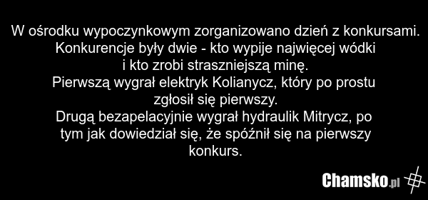 W ośrodku wypoczynkowym zorganizowano dzień z konkursami. Konkurencje były dwie - kto wypije najwięcej wódki i kto zrobi straszniejszą minę. Pierwszą wygrał elektryk Kolianycz, który po prostu zgłosił się pierwszy. Drugą bezapelacyjnie wygrał hydraulik Mitrycz, po tym jak dowiedział się, że spóźnił…