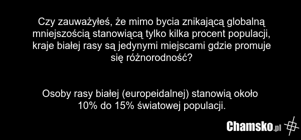 Czy zauważyłeś, że mimo bycia znikającą globalną mniejszością stanowiącą tylko kilka procent populacji, kraje białej rasy są jedynymi miejscami gdzie promuje się różnorodność? Osoby rasy białej (europeidalnej) stanowią około 10% do 15% światowej populacji.