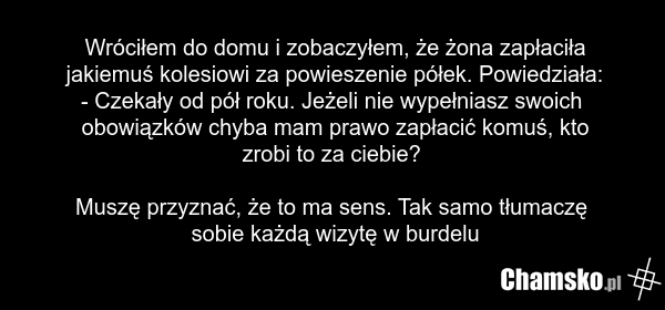 Wróciłem do domu i zobaczyłem, że żona zapłaciła jakiemuś kolesiowi za powieszenie półek. Powiedziała: - Czekały od pół roku. Jeżeli nie wypełniasz swoich obowiązków chyba mam prawo zapłacić komuś, kto zrobi to za ciebie? Muszę przyznać, że to ma sens. Tak samo tłumaczę sobie każdą wizytę w burdelu