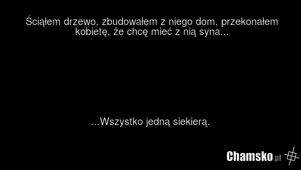 Ściąłem drzewo, zbudowałem z niego dom, przekonałem kobietę, że chcę mieć z nią syna... ...Wszystko jedną siekierą.
