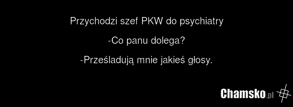 Przychodzi szef PKW do psychiatry -Co panu dolega? -Prześladują mnie jakieś głosy.