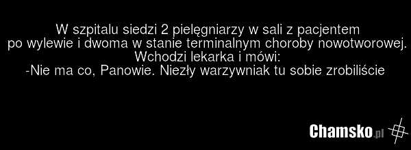 W szpitalu siedzi 2 pielęgniarzy w sali z pacjentem po wylewie i dwoma w stanie terminalnym choroby nowotworowej. Wchodzi lekarka i mówi: -Nie ma co, Panowie. Niezły warzywniak tu sobie zrobiliście