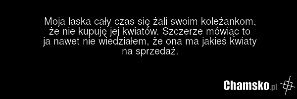 Moja laska cały czas się żali swoim koleżankom, że nie kupuję jej kwiatów. Szczerze mówiąc to ja nawet nie wiedziałem, że ona ma jakieś kwiaty na sprzedaż.