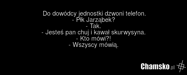Do dowódcy jednostki dzwoni telefon. - Płk Jarząbek? - Tak. - Jesteś pan chuj i kawał skurwysyna. - Kto mówi?! - Wszyscy mówią.