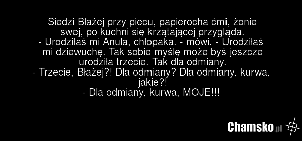 Siedzi Błażej przy piecu, papierocha ćmi, żonie swej, po kuchni się krzątającej przygląda. - Urodziłaś mi Anula, chłopaka. - mówi. - Urodziłaś mi dziewuchę. Tak sobie myślę może byś jeszcze urodziła trzecie. Tak dla odmiany. - Trzecie, Błażej?! Dla odmiany? Dla odmiany, kurwa, jakie?! - Dla odmiany…
