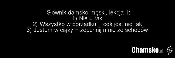 Słownik damsko-męski, lekcja 1: 1) Nie = tak 2) Wszystko w porządku = coś jest nie tak 3) Jestem w ciąży = zepchnij mnie ze schodów