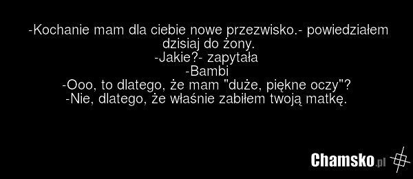 -Kochanie mam dla ciebie nowe przezwisko.- powiedziałem dzisiaj do żony. -Jakie?- zapytała -Bambi -Ooo, to dlatego, że mam "duże, piękne oczy"? -Nie, dlatego, że właśnie zabiłem twoją matkę.