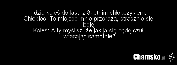 Idzie koleś do lasu z 8-letnim chłopczykiem. Chłopiec: To miejsce mnie przeraża, strasznie się boję. Koleś: A ty myślisz, że jak ja się będę czuł wracając samotnie?