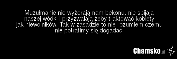 Muzułmanie nie wyżerają nam bekonu, nie spijają naszej wódki i przyzwalają żeby traktować kobiety jak niewolników. Tak w zasadzie to nie rozumiem czemu nie potrafimy się dogadać.