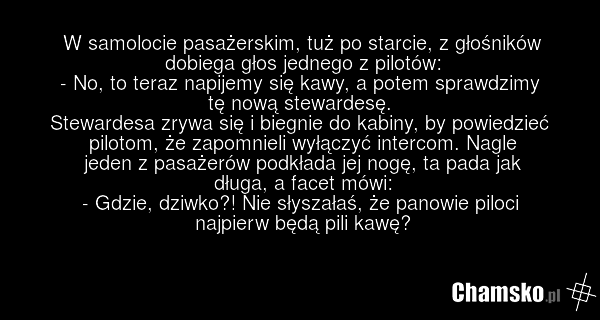 W samolocie pasażerskim, tuż po starcie, z głośników dobiega głos jednego z pilotów: - No, to teraz napijemy się kawy, a potem sprawdzimy tę nową stewardesę. Stewardesa zrywa się i biegnie do kabiny, by powiedzieć pilotom, że zapomnieli wyłączyć intercom. Nagle jeden z pasażerów podkłada jej nogę,…