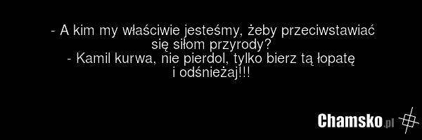 - A kim my właściwie jesteśmy, żeby przeciwstawiać się siłom przyrody? - Kamil kurwa, nie pierdol, tylko bierz tą łopatę i odśnieżaj!!!