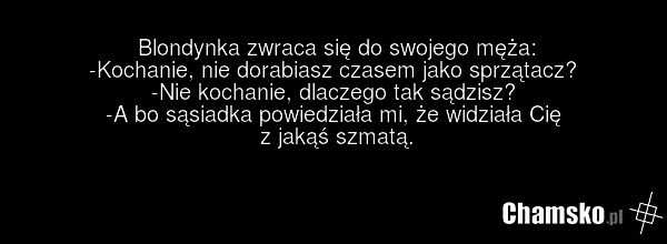 Blondynka zwraca się do swojego męża: -Kochanie, nie dorabiasz czasem jako sprzątacz? -Nie kochanie, dlaczego tak sądzisz? -A bo sąsiadka powiedziała mi, że widziała Cię z jakąś szmatą.