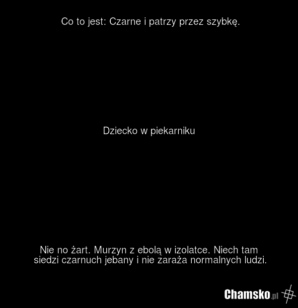 Co to jest: Czarne i patrzy przez szybkę. Dziecko w piekarniku Nie no żart. Murzyn z ebolą w izolatce. Niech tam siedzi czarnuch jebany i nie zaraża normalnych ludzi.