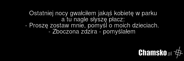 Ostatniej nocy gwałciłem jakąś kobietę w parku a tu nagle słyszę płacz: - Proszę zostaw mnie, pomyśl o moich dzieciach. - Zboczona zdzira - pomyślałem