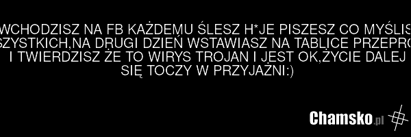 -WCHODZISZ NA FB KAŻDEMU ŚLESZ H*JE PISZESZ CO MYŚLISZ O WSZYSTKICH,NA DRUGI DZIEŃ WSTAWIASZ NA TABLICE PRZEPROSINY I TWIERDZISZ ŻE TO WIRYS TROJAN I JEST OK,ŻYCIE DALEJ SIĘ TOCZY W PRZYJAŻNI:)