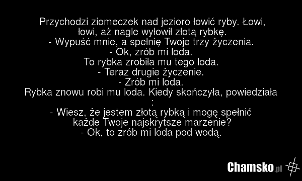 Przychodzi ziomeczek nad jezioro łowić ryby. Łowi, łowi, aż nagle wyłowił złotą rybkę. - Wypuść mnie, a spełnię Twoje trzy życzenia. - Ok, zrób mi loda. To rybka zrobiła mu tego loda. - Teraz drugie życzenie. - Zrób mi loda. Rybka znowu robi mu loda. Kiedy skończyła, powiedziała : - Wiesz, że jeste…