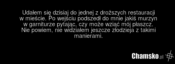 Udałem się dzisiaj do jednej z droższych restauracji w mieście. Po wejściu podszedł do mnie jakiś murzyn w garniturze pytając, czy może wziąć mój płaszcz. Nie powiem, nie widziałem jeszcze złodzieja z takimi manierami.