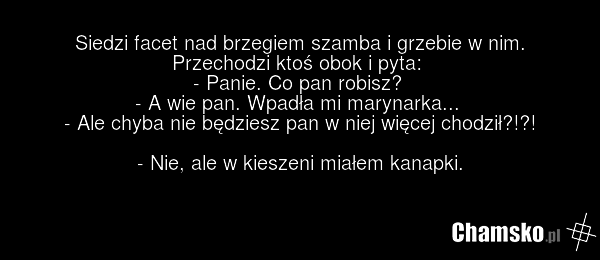 Siedzi facet nad brzegiem szamba i grzebie w nim. Przechodzi ktoś obok i pyta: - Panie. Co pan robisz? - A wie pan. Wpadła mi marynarka... - Ale chyba nie będziesz pan w niej więcej chodził?!?! - Nie, ale w kieszeni miałem kanapki.