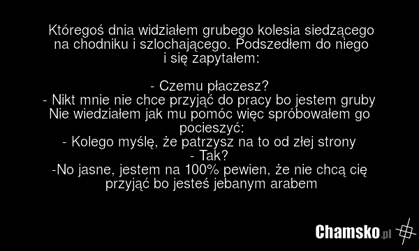 Któregoś dnia widziałem grubego kolesia siedzącego na chodniku i szlochającego. Podszedłem do niego i się zapytałem: - Czemu płaczesz? - Nikt mnie nie chce przyjąć do pracy bo jestem gruby Nie wiedziałem jak mu pomóc więc spróbowałem go pocieszyć: - Kolego myślę, że patrzysz na to od złej strony -…