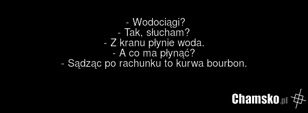 - Wodociągi? - Tak, słucham? - Z kranu płynie woda. - A co ma płynąć? - Sądząc po rachunku to kurwa bourbon.
