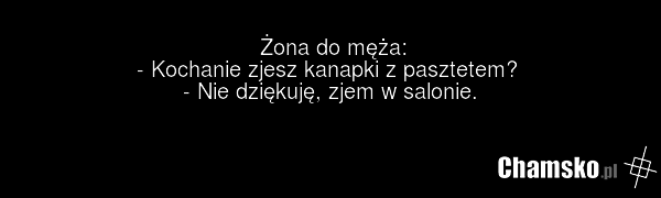 Żona do męża: - Kochanie zjesz kanapki z pasztetem? - Nie dziękuję, zjem w salonie.