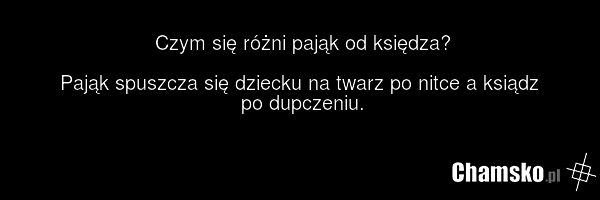 Czym się różni pająk od księdza? Pająk spuszcza się dziecku na twarz po nitce a ksiądz po dupczeniu.
