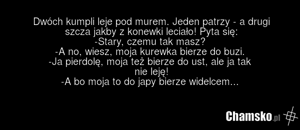 Dwóch kumpli leje pod murem. Jeden patrzy - a drugi szcza jakby z konewki leciało! Pyta się: -Stary, czemu tak masz? -A no, wiesz, moja kurewka bierze do buzi. -Ja pierdolę, moja też bierze do ust, ale ja tak nie leję! -A bo moja to do japy bierze widelcem...