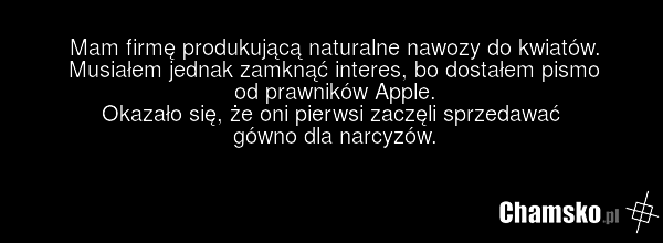 Mam firmę produkującą naturalne nawozy do kwiatów. Musiałem jednak zamknąć interes, bo dostałem pismo od prawników Apple. Okazało się, że oni pierwsi zaczęli sprzedawać gówno dla narcyzów.