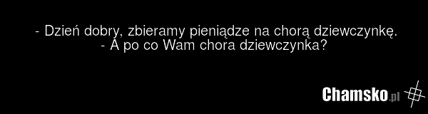 - Dzień dobry, zbieramy pieniądze na chorą dziewczynkę. - A po co Wam chora dziewczynka?