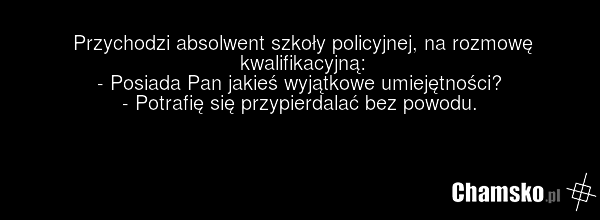 Przychodzi absolwent szkoły policyjnej, na rozmowę kwalifikacyjną: - Posiada Pan jakieś wyjątkowe umiejętności? - Potrafię się przypierdalać bez powodu.