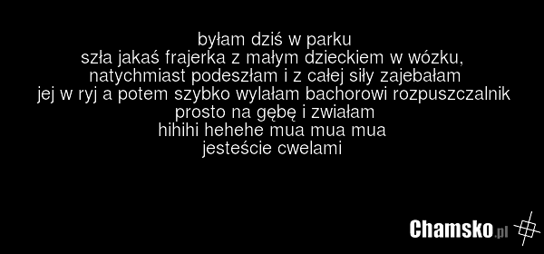 byłam dziś w parku szła jakaś frajerka z małym dzieckiem w wózku, natychmiast podeszłam i z całej siły zajebałam jej w ryj a potem szybko wylałam bachorowi rozpuszczalnik prosto na gębę i zwiałam hihihi hehehe mua mua mua jesteście cwelami