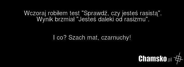 Wczoraj robiłem test "Sprawdź, czy jesteś rasistą". Wynik brzmiał "Jesteś daleki od rasizmu". I co? Szach mat, czarnuchy!