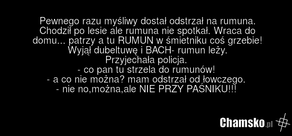 Pewnego razu myśliwy dostał odstrzał na rumuna. Chodził po lesie ale rumuna nie spotkał. Wraca do domu... patrzy a tu RUMUN w śmietniku coś grzebie! Wyjął dubeltuwę i BACH- rumun leży. Przyjechała policja. - co pan tu strzela do rumunów! - a co nie można? mam odstrzał od łowczego. - nie no,można,al…