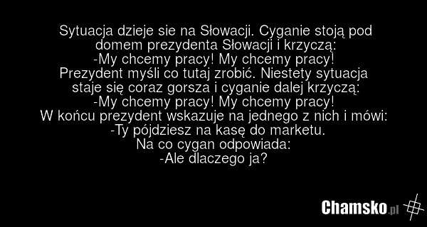 Sytuacja dzieje sie na Słowacji. Cyganie stoją pod domem prezydenta Słowacji i krzyczą: -My chcemy pracy! My chcemy pracy! Prezydent myśli co tutaj zrobić. Niestety sytuacja staje się coraz gorsza i cyganie dalej krzyczą: -My chcemy pracy! My chcemy pracy! W końcu prezydent wskazuje na jednego z ni…